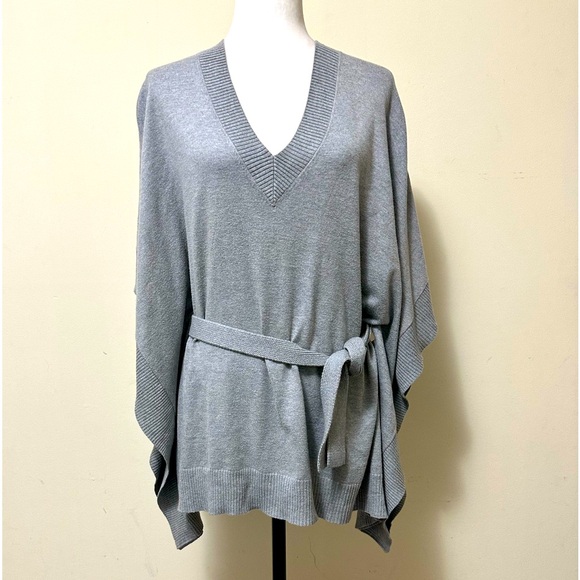 NEW Michael Kors Thin Knit V-Neck Belt Poncho Shawl Wrap Pullover Tunic Top M - Picture 2 of 14